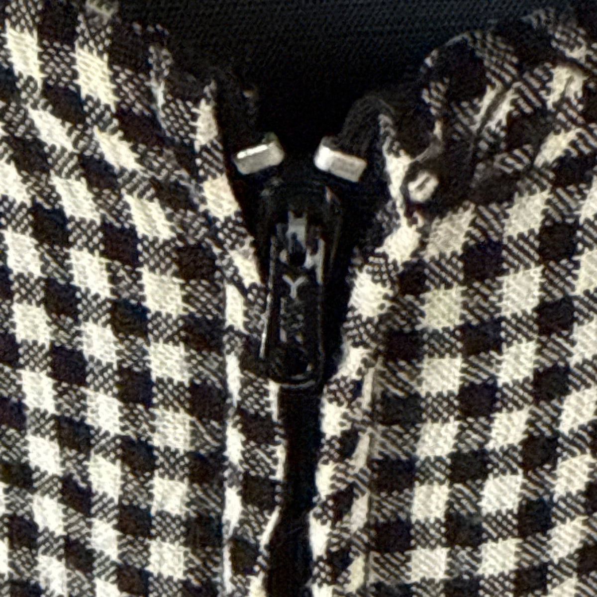 Close-up of Stephanie Andrews dress back zipper and missing eye from hook-and-eye closure.