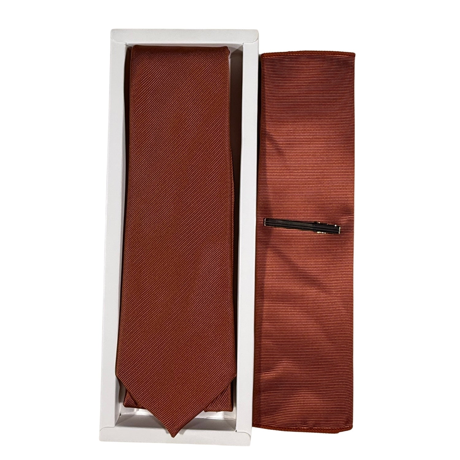 Mens terracotta tie set in box with pocket square and tie clip