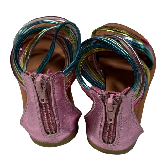 Pair of children's sandals with colorful straps and pink zippers on a white background