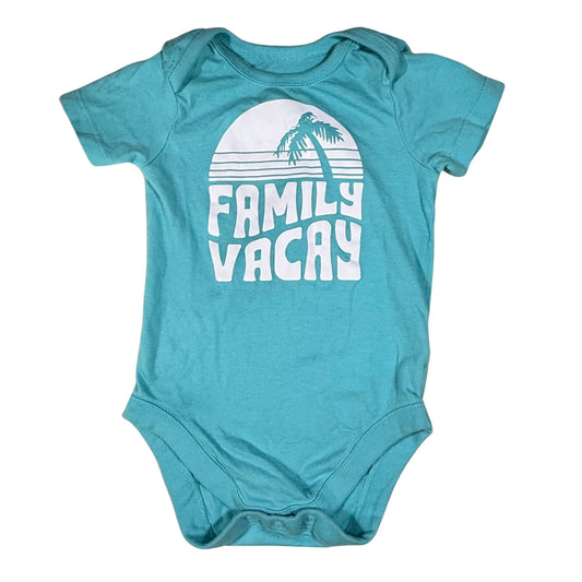 Baby boy turquoise onesie with Family Vacay beach graphic front view