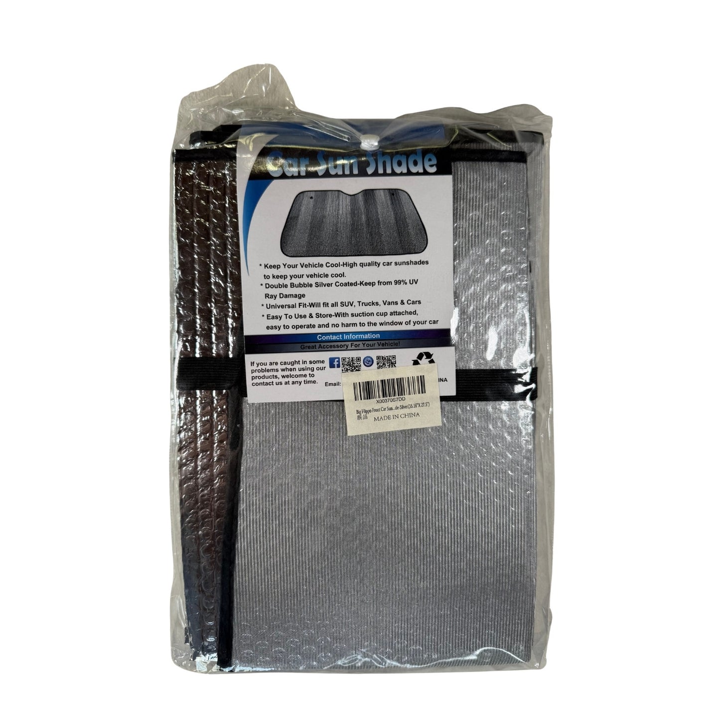 Universal car sun shade silver reflective UV protection back view of package