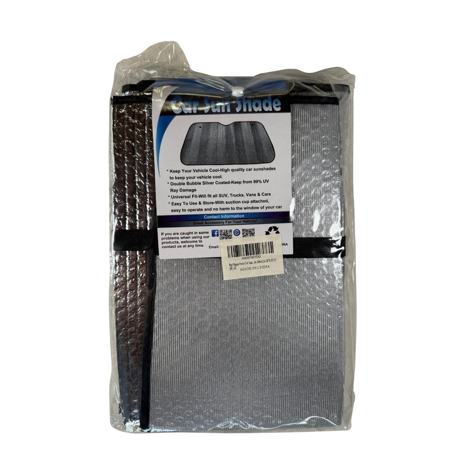 Universal car sun shade silver reflective UV protection back view of package