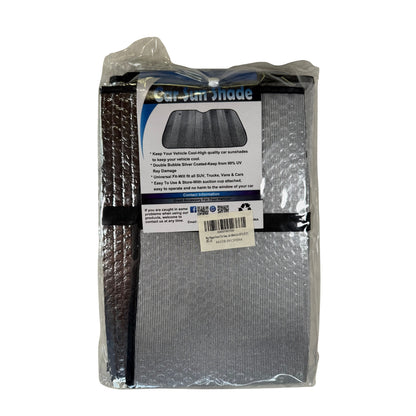 Universal car sun shade silver reflective UV protection back view of package