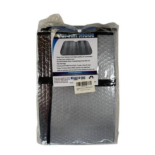 Universal car sun shade silver reflective UV protection back view of package