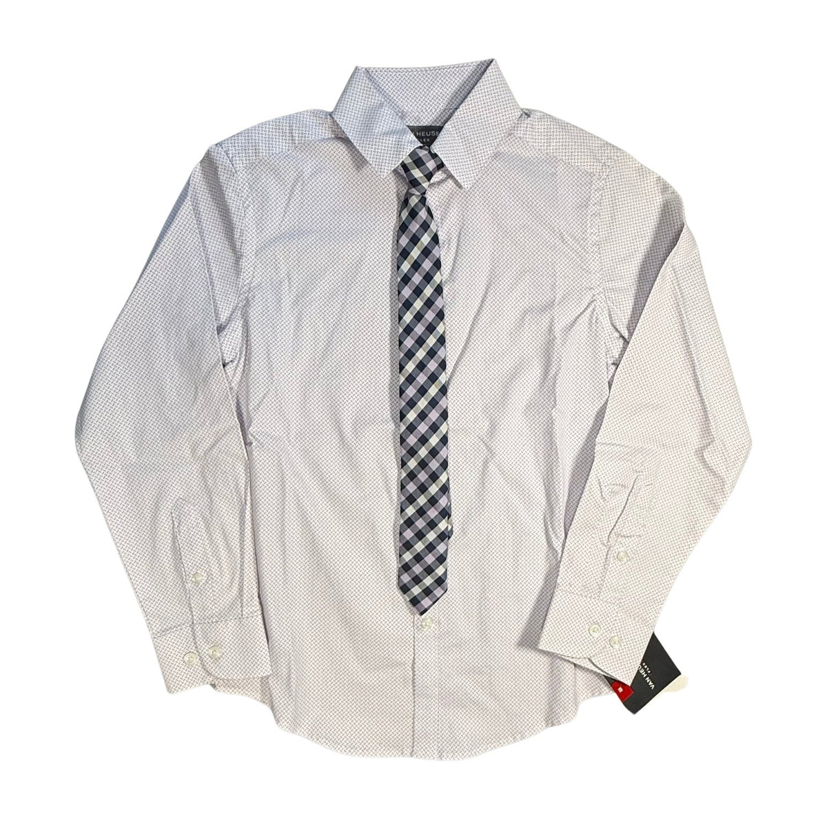 Front view of Van Heusen boys size 8 white and lavender print dress shirt with clip-on tie, new with tags