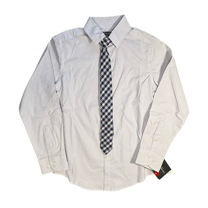 Front view of Van Heusen boys size 8 white and lavender print dress shirt with clip-on tie, new with tags