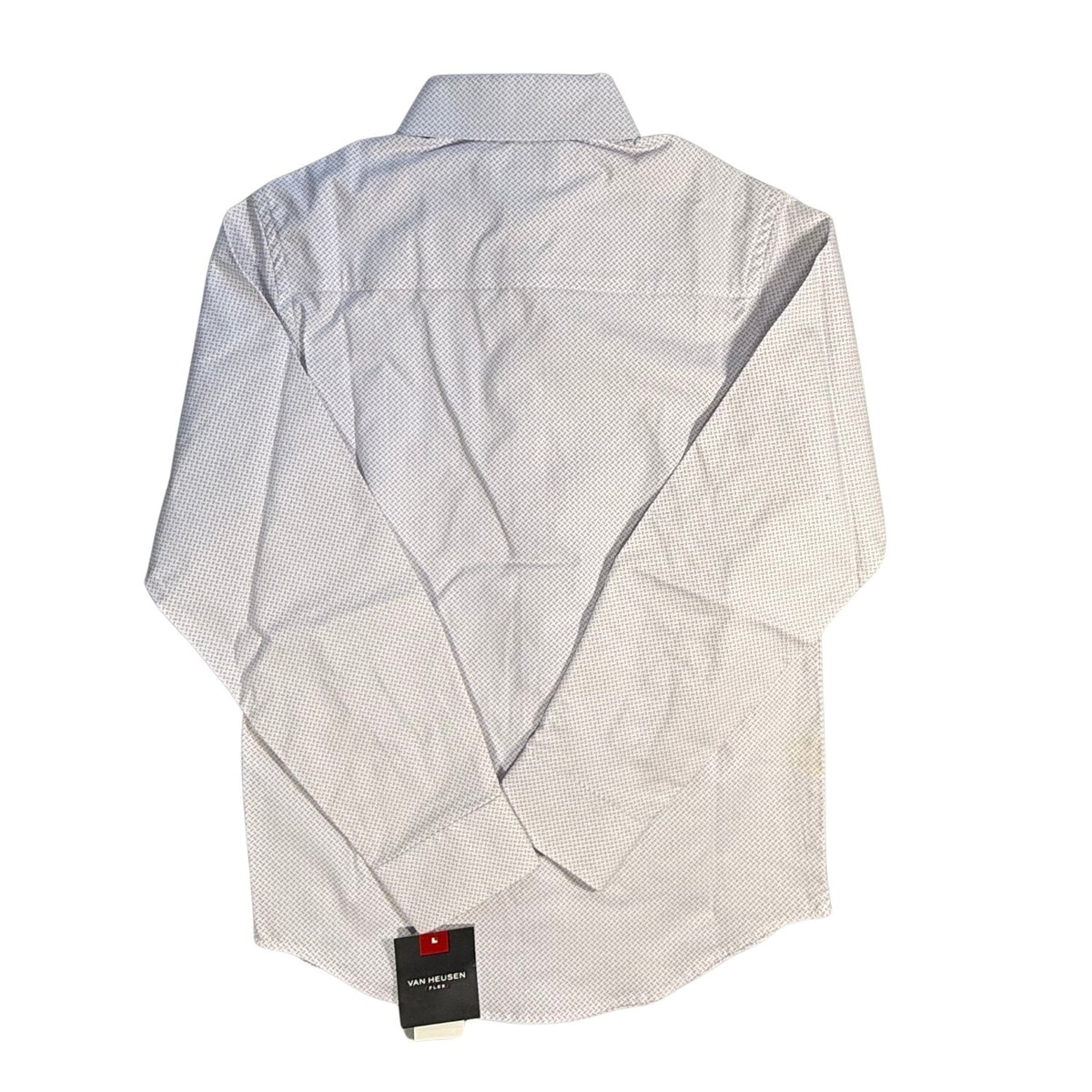Back view of Van Heusen boys white and lavender print dress shirt with tags attached