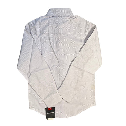 Back view of Van Heusen boys white and lavender print dress shirt with tags attached