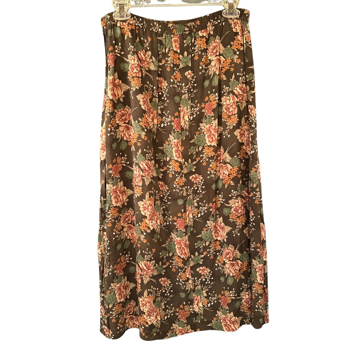 Back view of Van Heusen women's brown floral maxi skirt with gathered waistband and allover floral print.