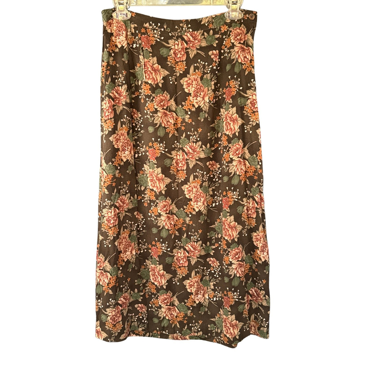 Van Heusen brown floral maxi skirt in women's large featuring mauve, peach, orange, and green flowers.