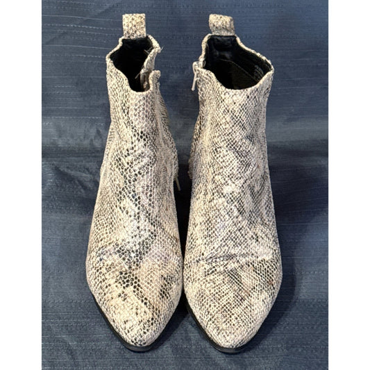 Front view of Very G women’s size 7 cream and taupe snake-print ankle boots with pointed toes.