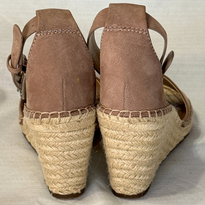 Back view of taupe suede Vince Camuto Leera wedge sandals showing closed heel counters and braided jute-wrapped heels.