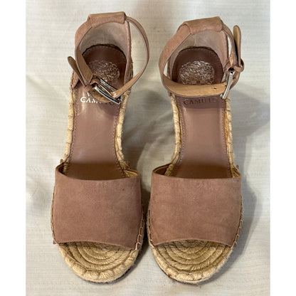 Front and top view of Vince Camuto Leera taupe suede wedge sandals with open toes and silver-tone buckle ankle straps.