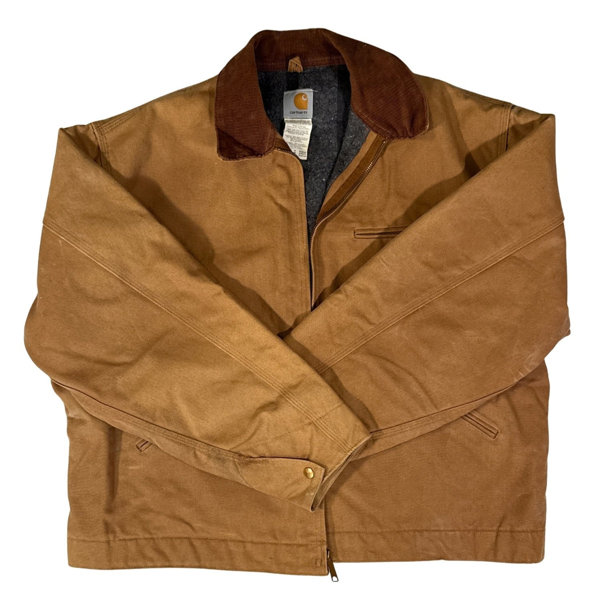 Front view of USA-made Carhartt J01 Detroit Jacket with corduroy collar, full zipper and chest pocket