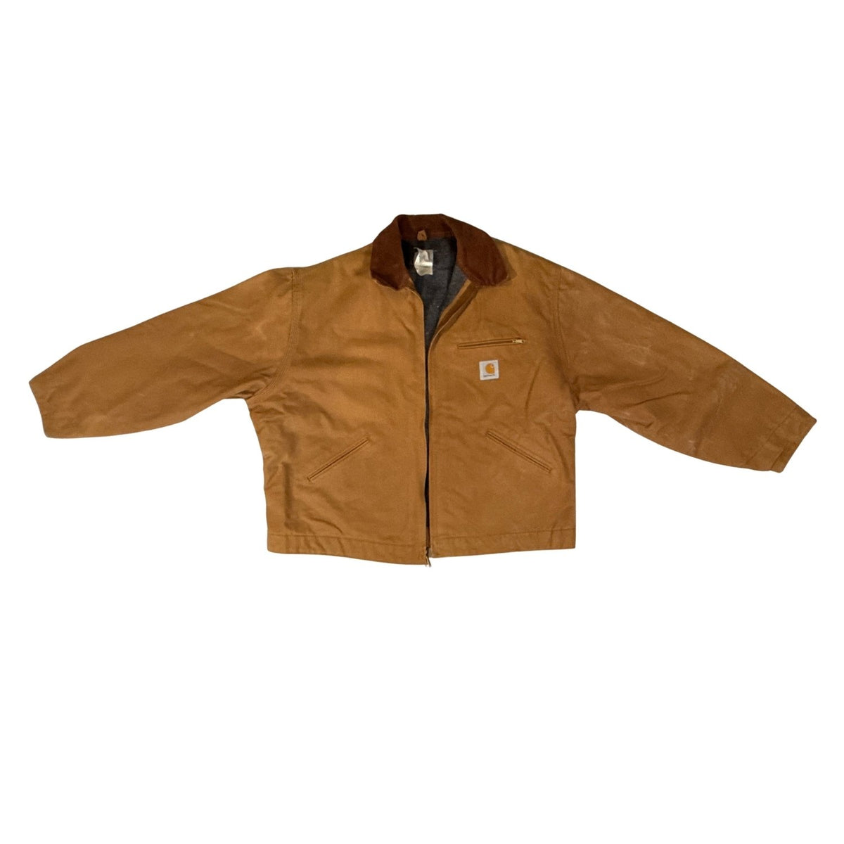 Full front view of vintage 2001 Carhartt J01 brown duck Detroit Jacket in size 52 Regular