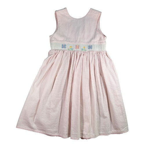 Pre-Owned Smocked Dress with Butterflies and Flowers Brand: Vive La Fete Size: Little girl's 5 Color: Pink and white checkered with embroidered Butterflies and Flowers Features: Finished edges trimmed in pink rickrack, sleeveless with 2.25" shoulders, smocking, embroidery, overlapping 2-button closure on back. Material: 100% Cotton Condition:  Excellent used. Online thrift store - Our Families Attic