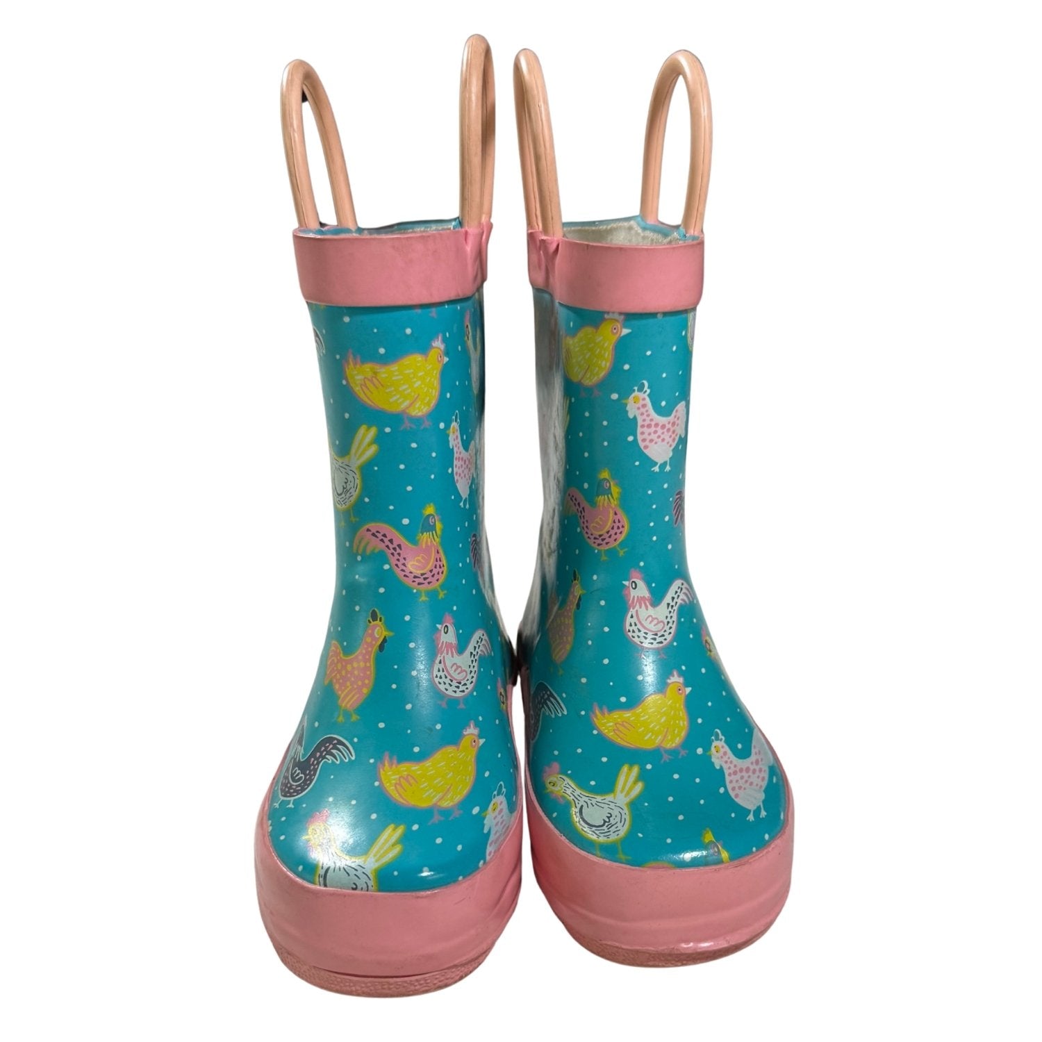 Front view of Western Chief toddler girls blue and pink chicken print rain boots.