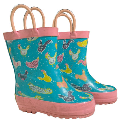 Side view of Western Chief waterproof rubber rain boots with colorful chicken pattern.