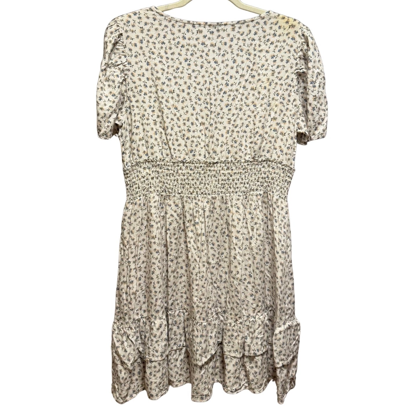 Back view of Wild Fable women's XL off-white floral dress with smocked waist and tiered ruffle hem.