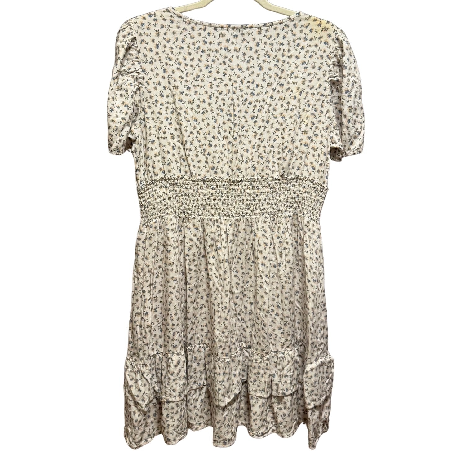 Back view of Wild Fable women's XL off-white floral dress with smocked waist and tiered ruffle hem.