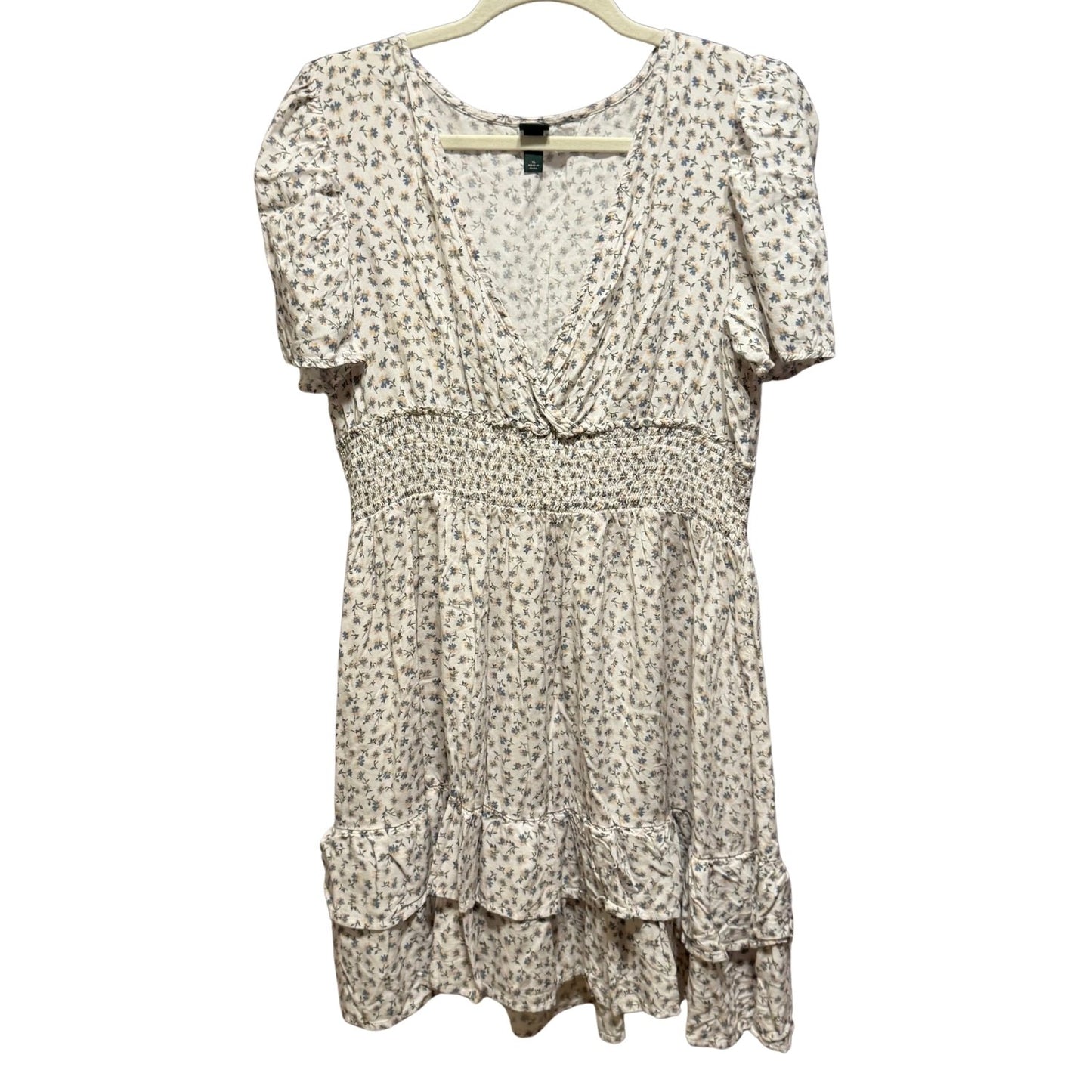 Wild Fable women's XL off-white floral smocked dress with faux wrap neckline and puff sleeves front view.