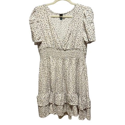 Wild Fable women's XL off-white floral smocked dress with faux wrap neckline and puff sleeves front view.