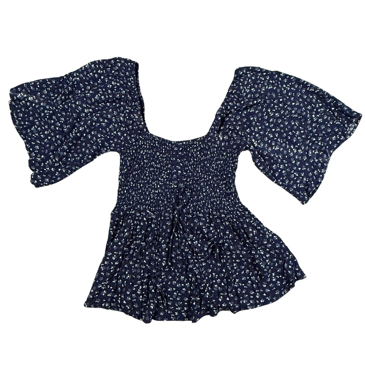 Willow + Root women's navy floral smocked peplum top in size Medium with flutter sleeves and front tie detail.