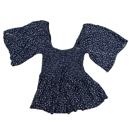 Willow + Root women's navy floral smocked peplum top in size Medium with flutter sleeves and front tie detail.
