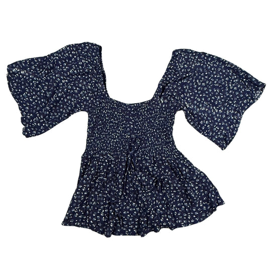 Willow + Root women's navy floral smocked peplum top in size Medium with flutter sleeves and front tie detail.