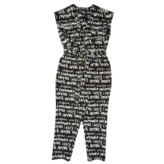 Black and white jumpsuit with empowering text print and tie waist