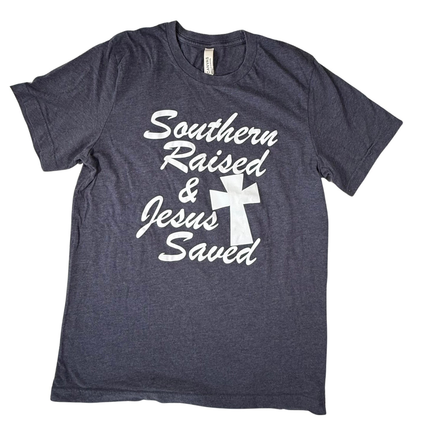 Womens blue Southern Raised Jesus Saved graphic t-shirt with cross design front view
