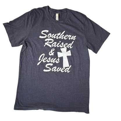 Womens blue Southern Raised Jesus Saved graphic t-shirt with cross design front view