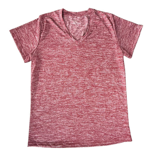 Women's large heather red and gray v-neck performance tee moisture wicking athletic shirt front view