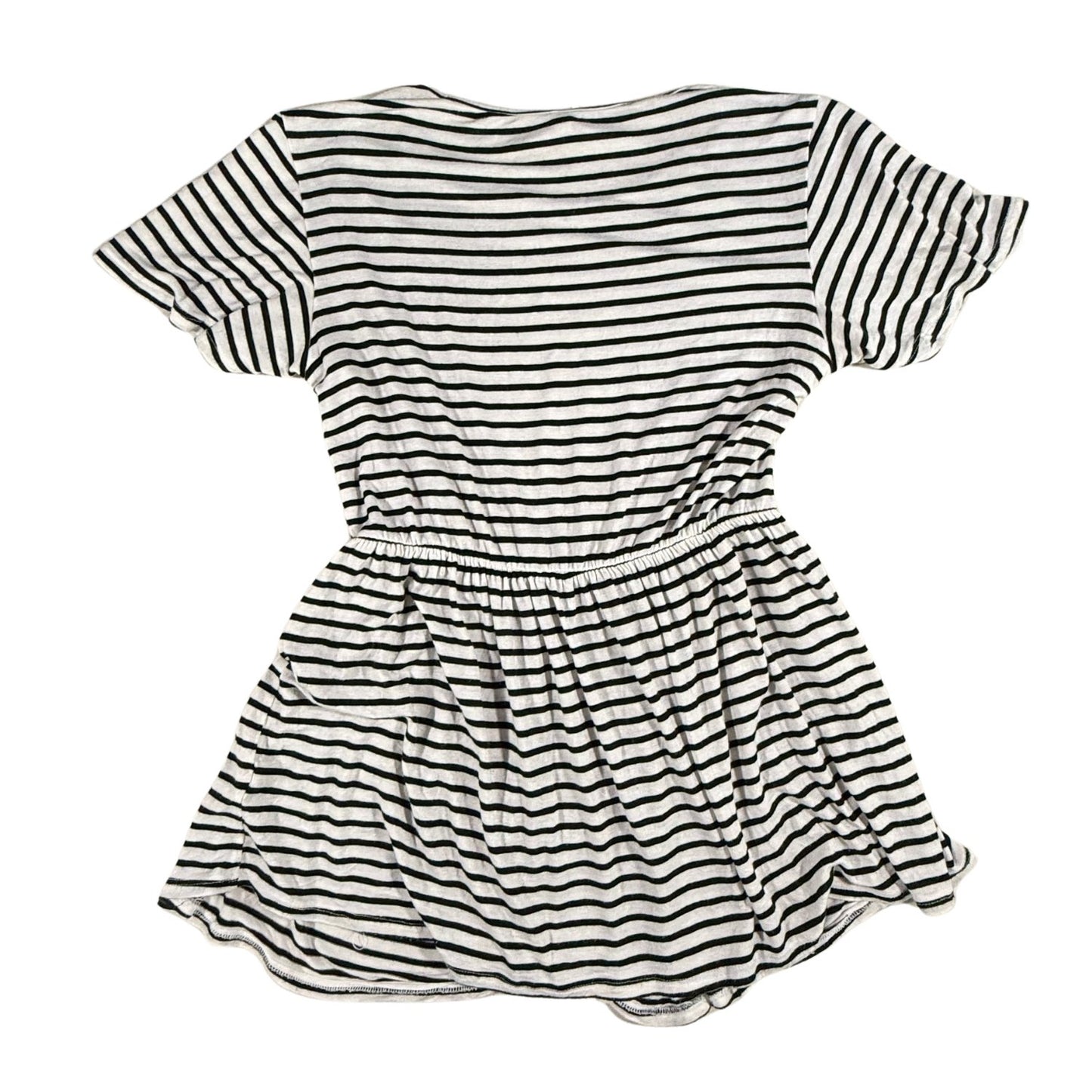 Back view of a women's large Magic Fit black and white striped peplum top.