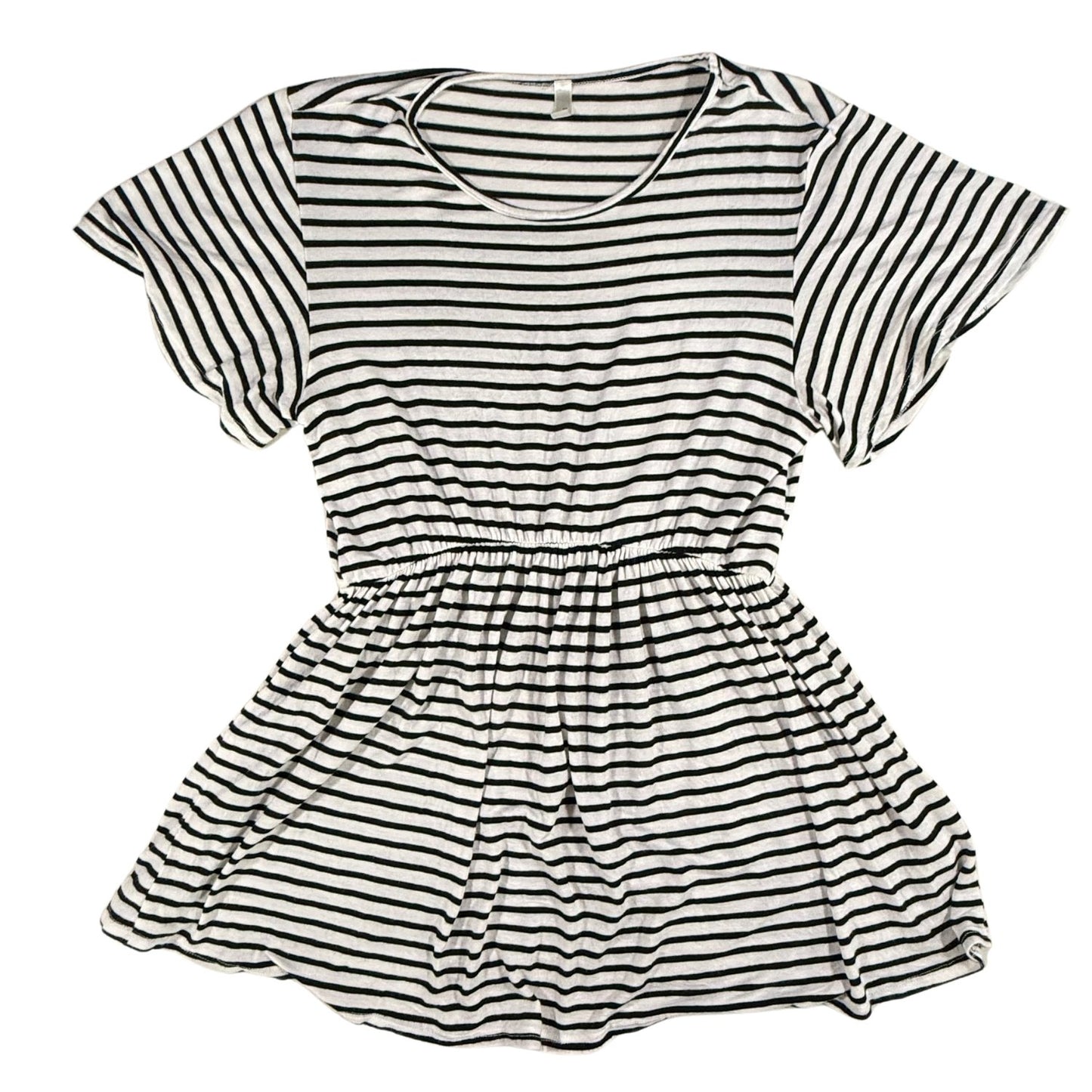 Front view of a women's large Magic Fit black and white striped peplum top
