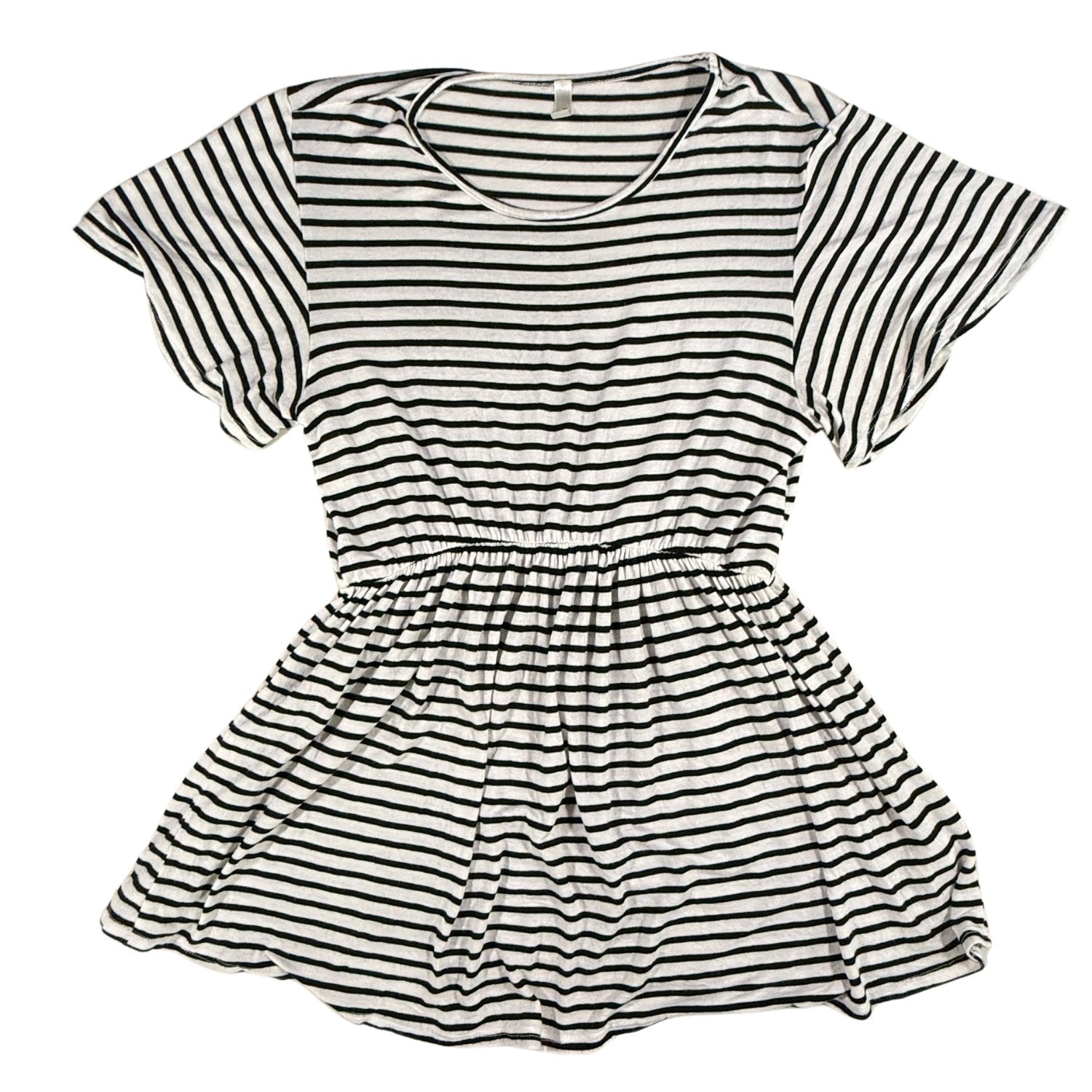 Front view of a women's large Magic Fit black and white striped peplum top