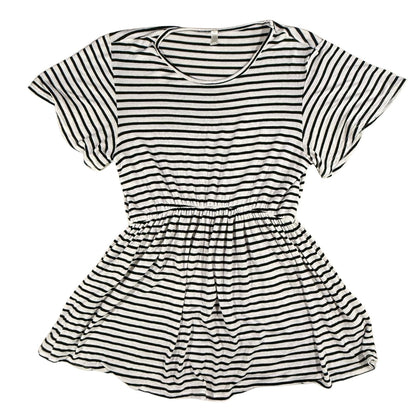 Front view of a women's large Magic Fit black and white striped peplum top