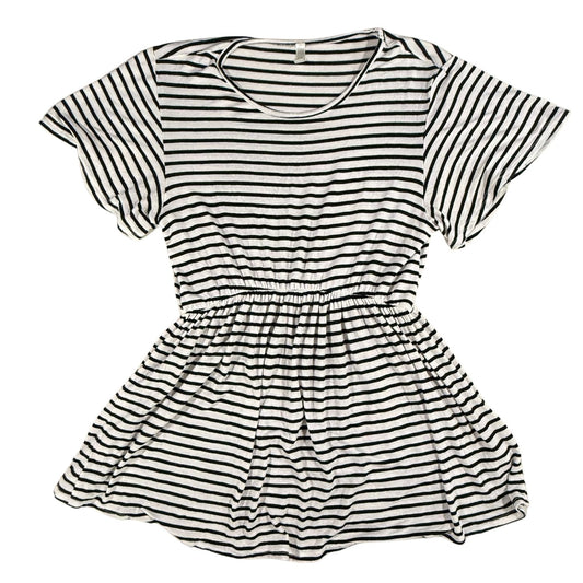 Front view of a women's large Magic Fit black and white striped peplum top