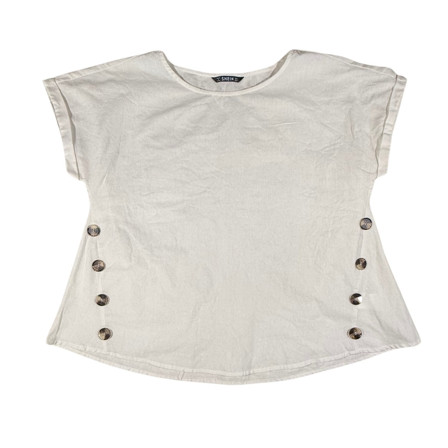Front view of a women's large SHEIN cream cotton top with decorative side buttons.