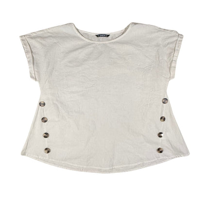 Front view of a women's large SHEIN cream cotton top with decorative side buttons.