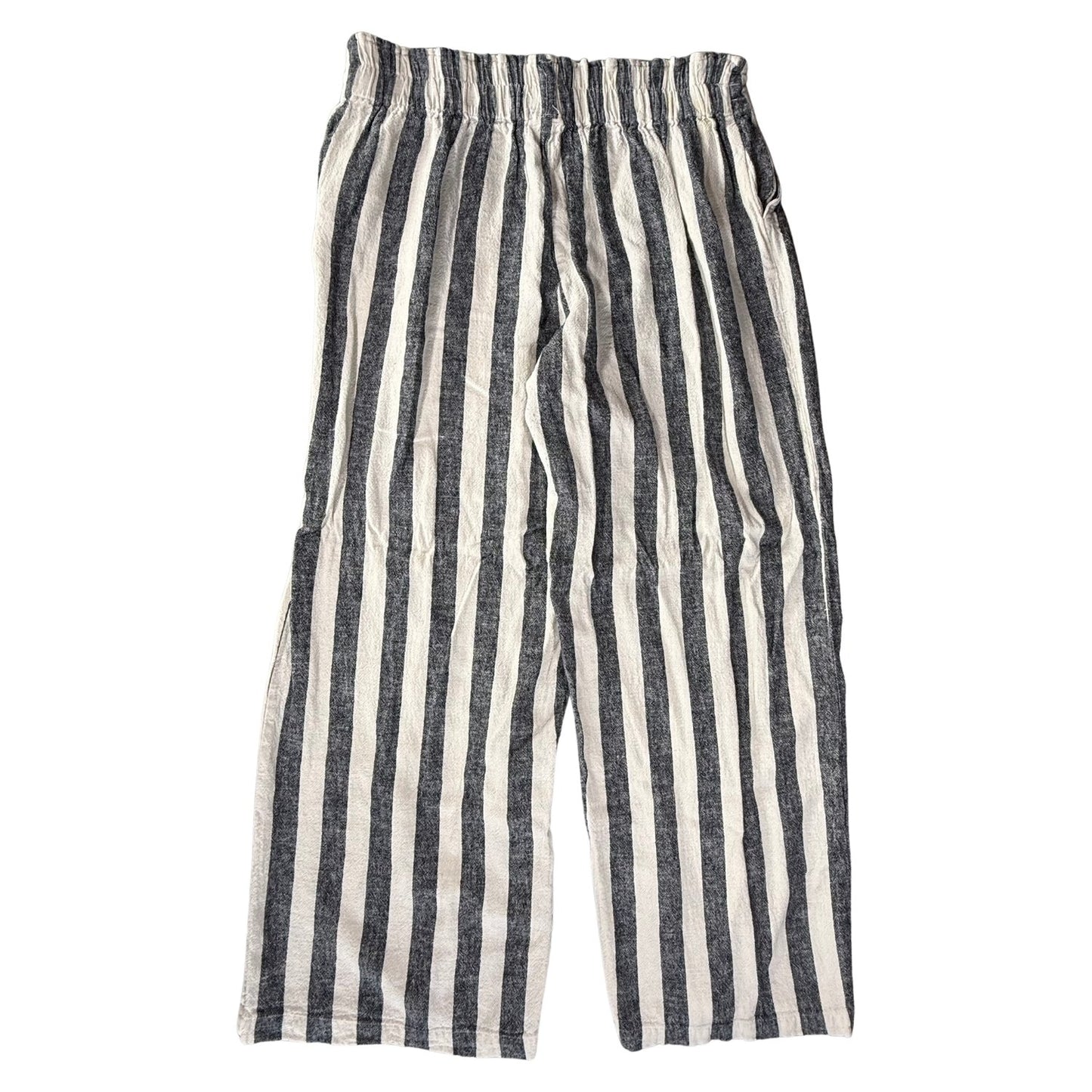 Back view of women's medium blue striped wide leg linen blend pants