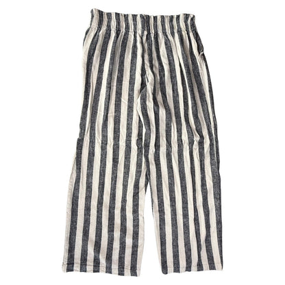 Back view of women's medium blue striped wide leg linen blend pants