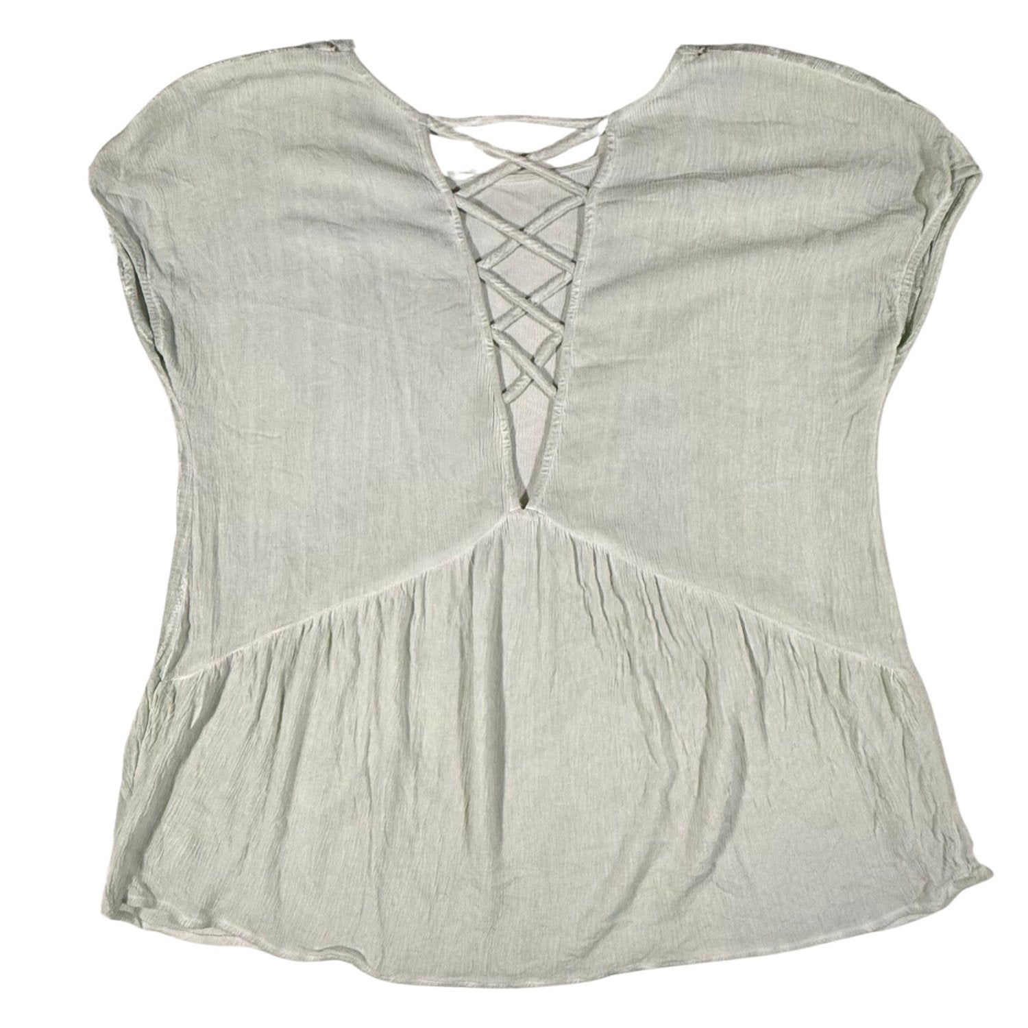 Back view of a women's medium Miss Me light sage green blouse featuring a crisscross back detail.