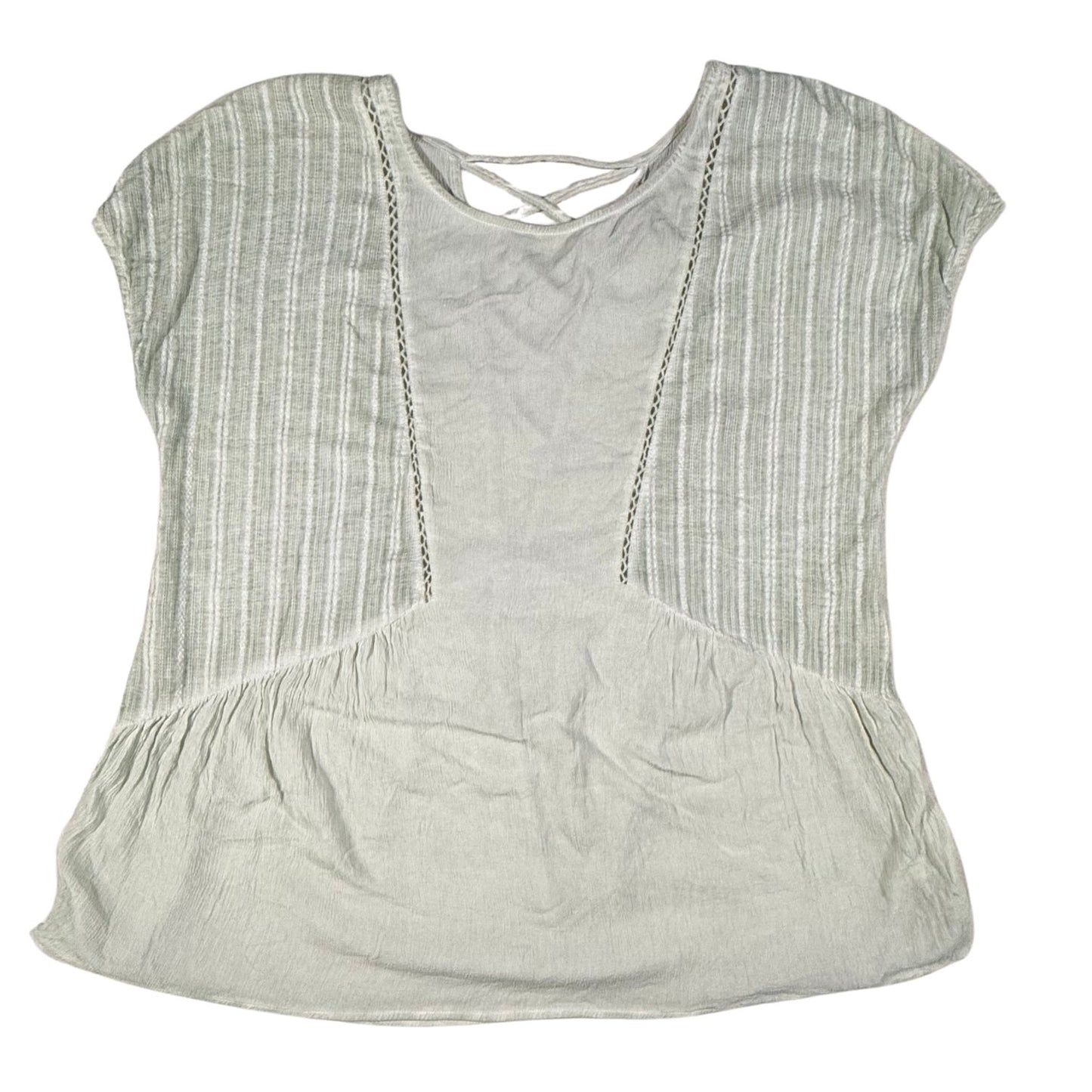 Front view of a women's medium Miss Me light sage green blouse with crochet trim.
