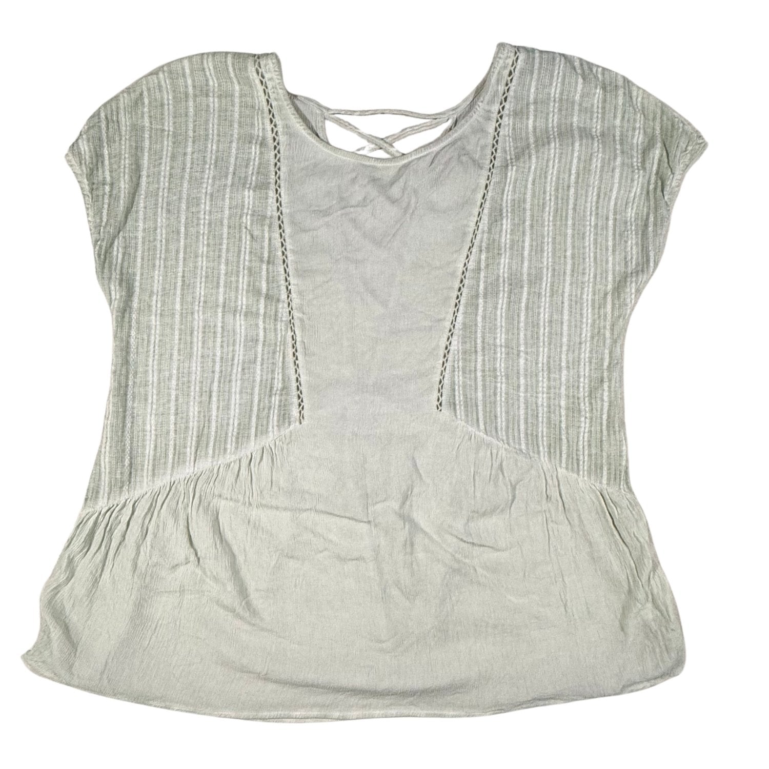 Front view of a women's medium Miss Me light sage green blouse with crochet trim.