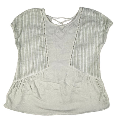 Front view of a women's medium Miss Me light sage green blouse with crochet trim.