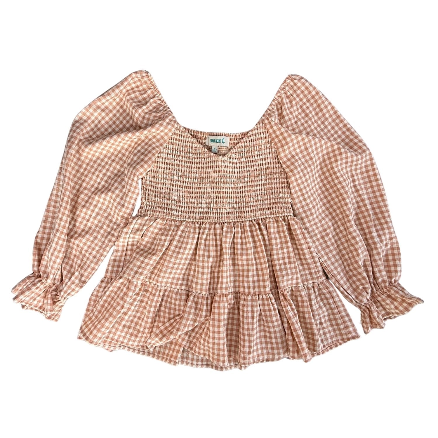 Women's medium Rockin G tan white gingham smocked puff sleeve top