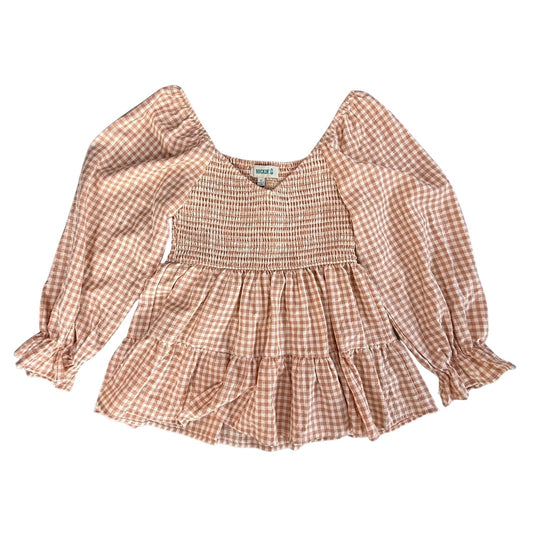 Women's medium Rockin G tan white gingham smocked puff sleeve top