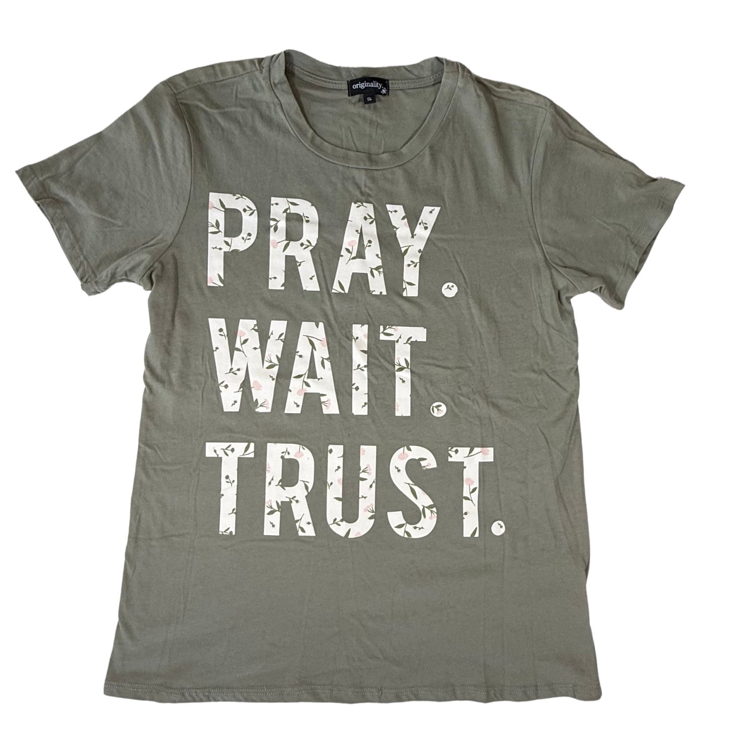 Womens olive green Pray Wait Trust graphic t-shirt with floral lettering front view