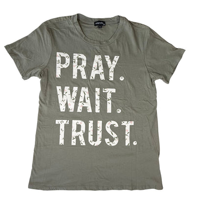 Womens olive green Pray Wait Trust graphic t-shirt with floral lettering front view